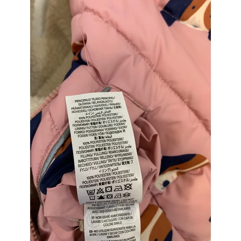 Mini Boden Reversible Puffer Vest Girls 6-7Y Pink Beagle‎ Dog Sherpa Fleece Hood